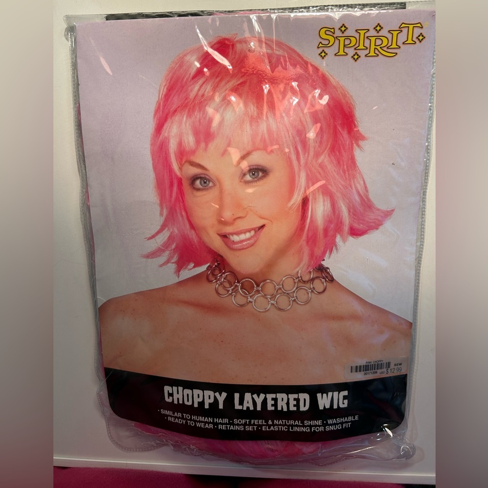 Spirit Halloween wig - choppy layered pink/white wig